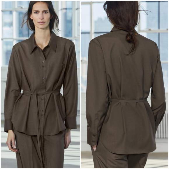 Zara Women Belted Button Shirt Small Brown Marl - Picture 1 of 16